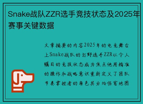 Snake战队ZZR选手竞技状态及2025年赛事关键数据